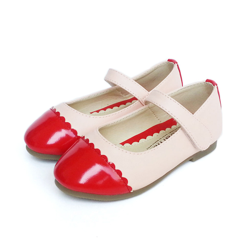 拼接撞色花边鞋头公主童鞋 平跟中小女童单皮鞋 魔术贴女童单鞋