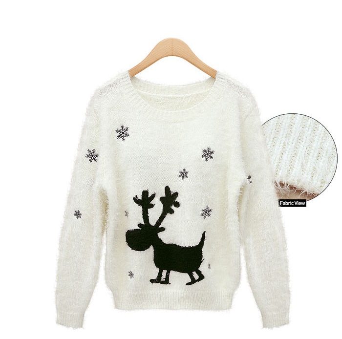 秋季新品针织套头少女装<em>雪花小鹿图案</em>柔软毛毛