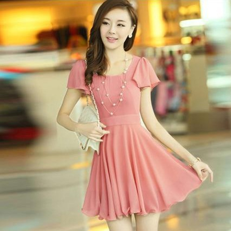 夏装大码<em>女装韩版</em>显瘦女式夏装淑女短袖<em>雪纺连</em>