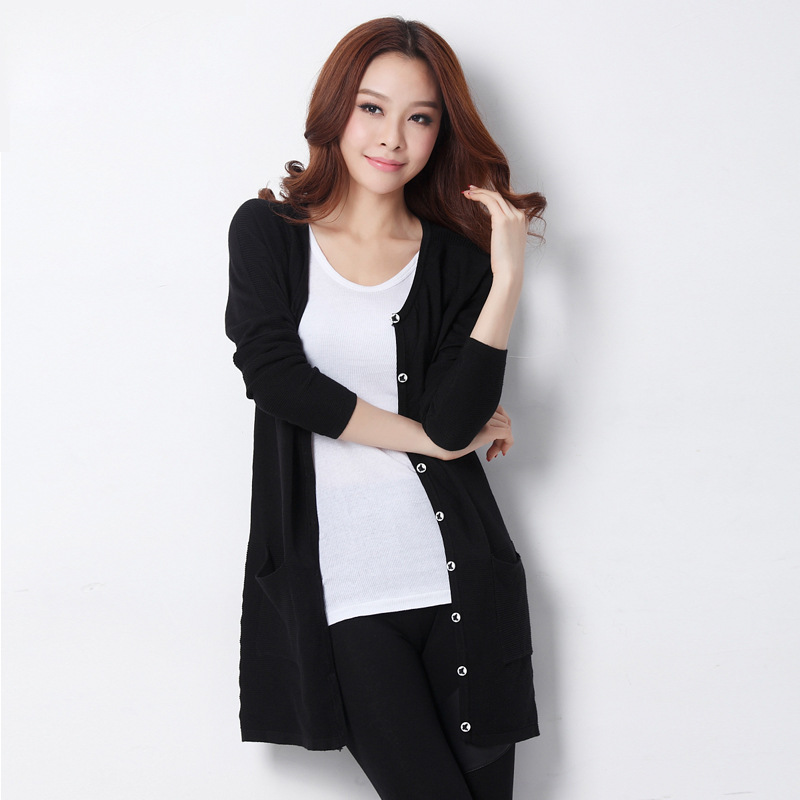 包邮2013新款女装百搭<em>中长款</em>V领长袖<em>开衫针织</em>