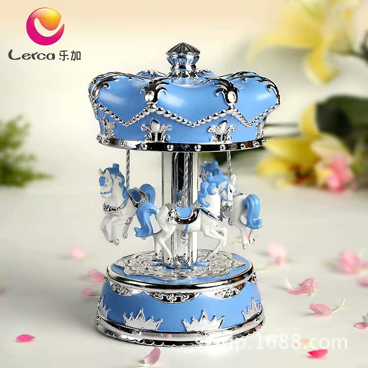 60339-乐加大号粉蓝银色皇冠旋转木马音乐盒-正面