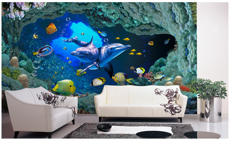 大型壁画3d立体现代简约无纺墙纸电视背景墙壁纸无缝布海底世界