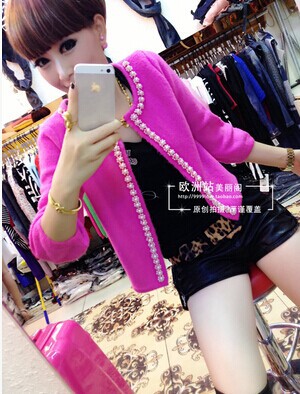 4早秋新款女装珍珠领灯笼中袖毛<em>针织开衫短</em>外