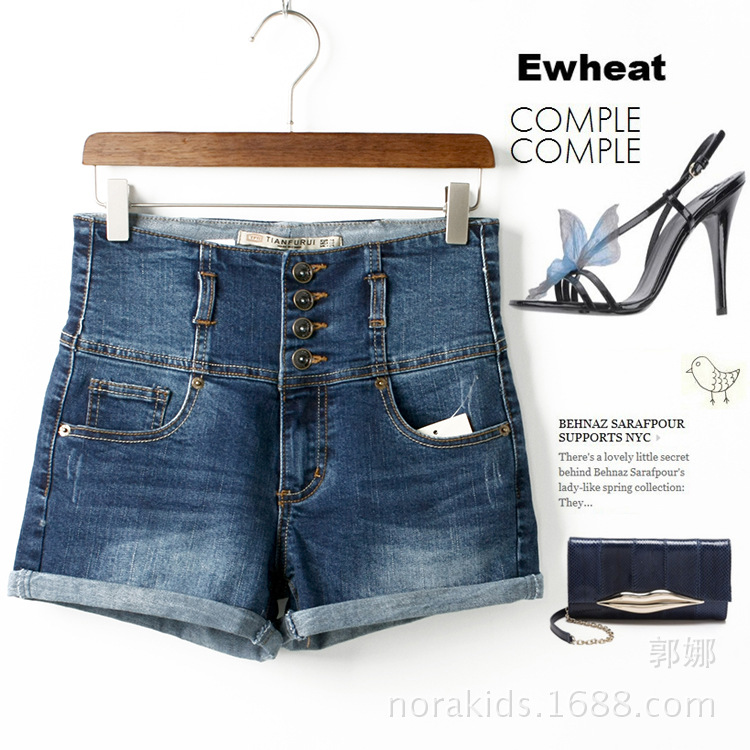 N2141 欧美修身束腹四粒<em>扣高腰牛仔短裤</em> 201