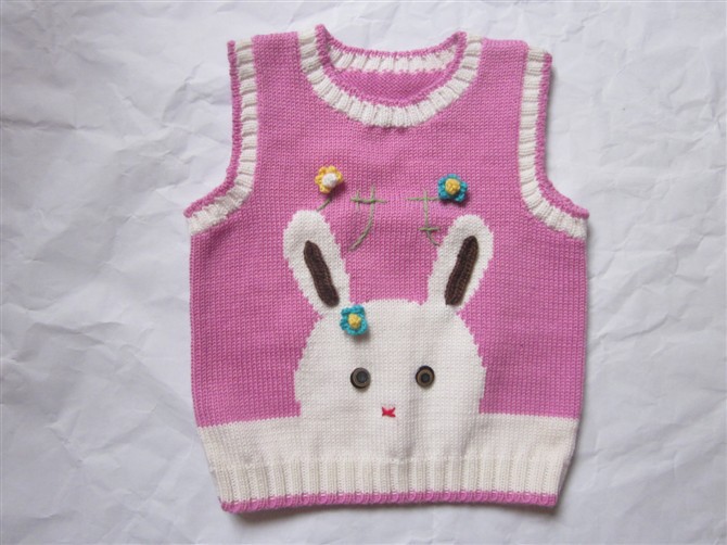 纯手工编织毛衣儿童宝宝婴儿<em>小兔子</em>粉圆领背心
