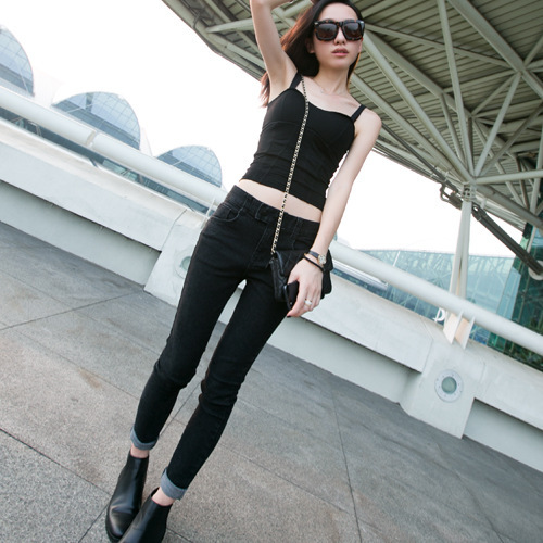 韩版新款弹力紧身<em>牛仔裤女</em> 时尚黑色<em>小脚裤</em>显