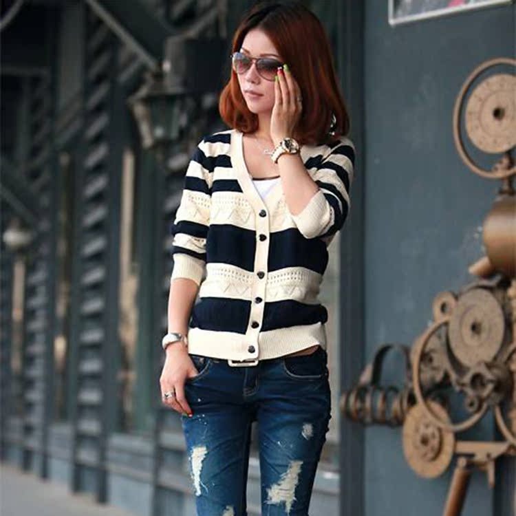 2014春装新款韩版条纹镂空<em>薄开衫 女</em>针织衫毛