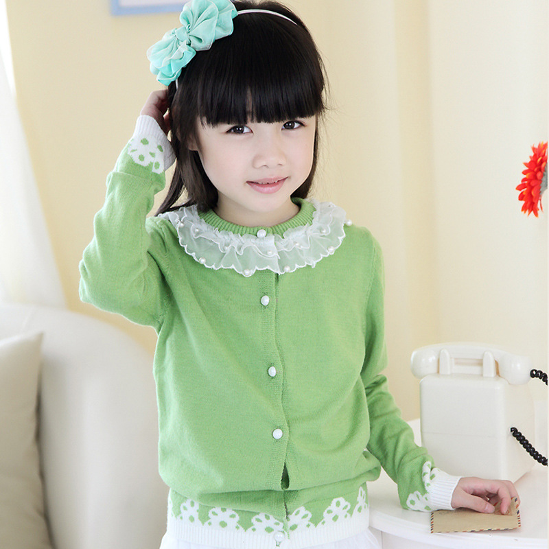 女童毛衣 蕾丝领长袖针织<em>开衫儿童羊毛</em>衫2014