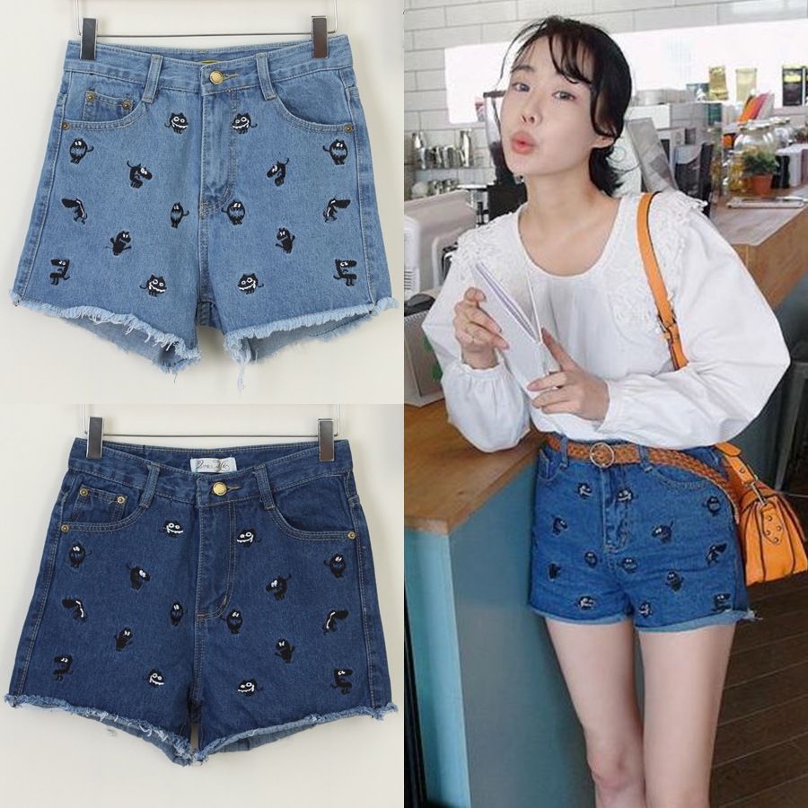 4夏秋新款复古个性海怪刺绣牛仔<em>高腰裤短裤</em>热