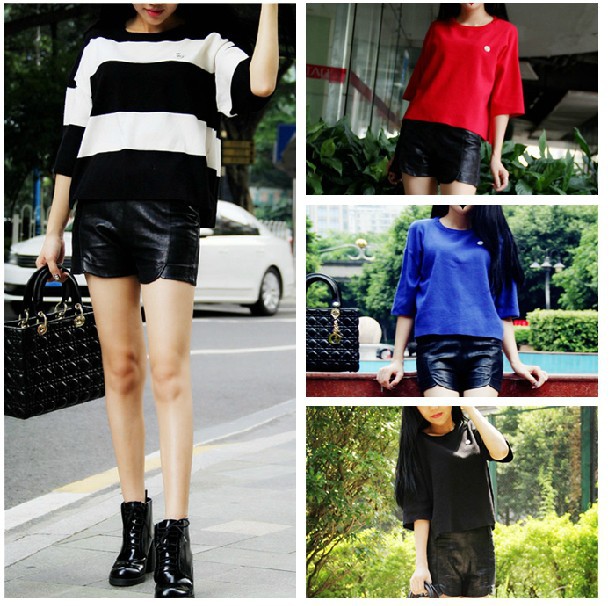 欧洲站2014秋冬新款 宽松中袖针织<em>上衣</em> pu<em>皮短</em>