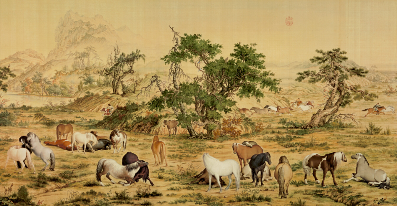 中国画 郎世宁百骏图古典油画字画 山水花鸟工笔马群国外画家d188