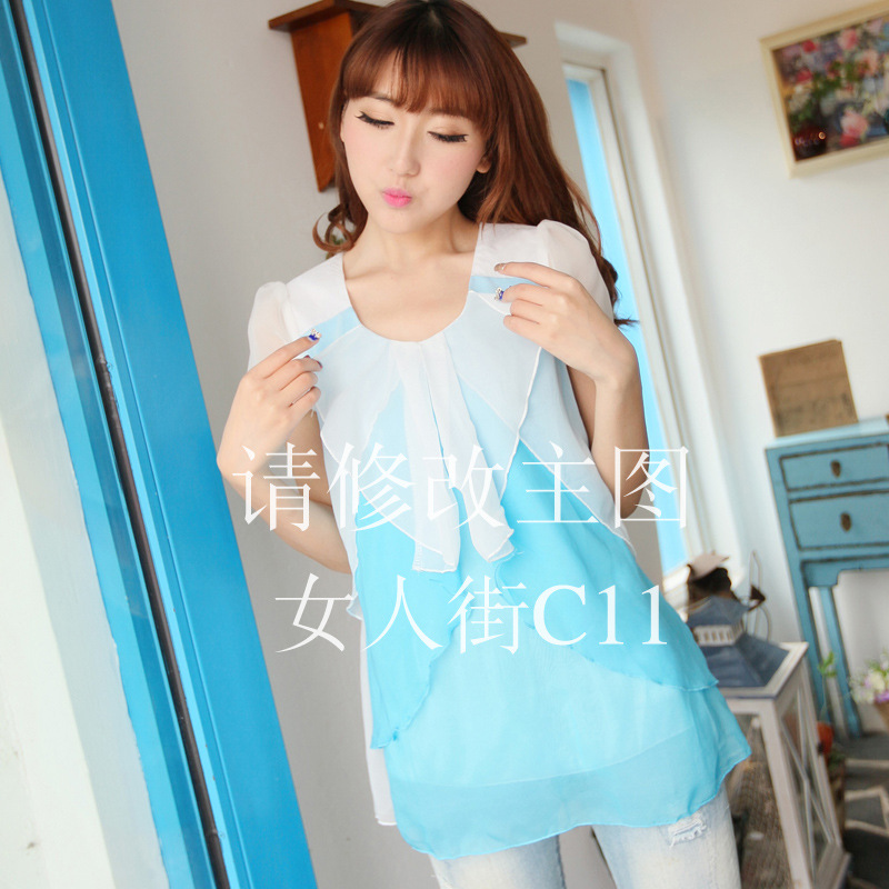 014夏装新款韩版荷叶边甜美短袖<em>女雪纺上衣</em>宽