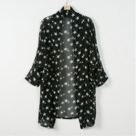 微信代理宽松百搭<em>星星</em>七分袖中<em>长款</em>防晒雪纺开