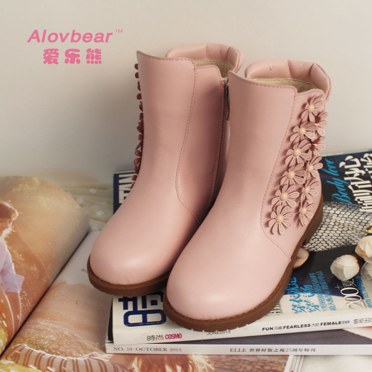 淘宝爆款 韩版童靴侧花朵装饰真皮女童靴童棉鞋儿童雪地靴X151