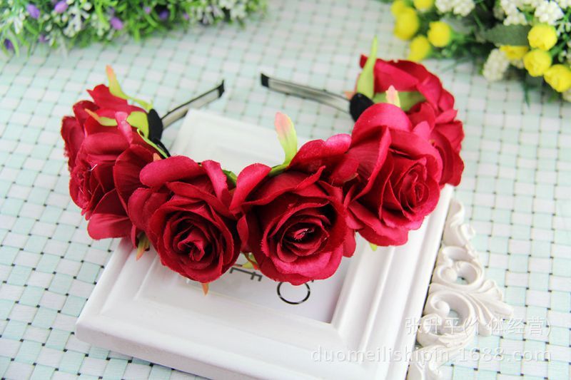 厂家直销红玫瑰花环新娘伴娘花童花环写真头饰