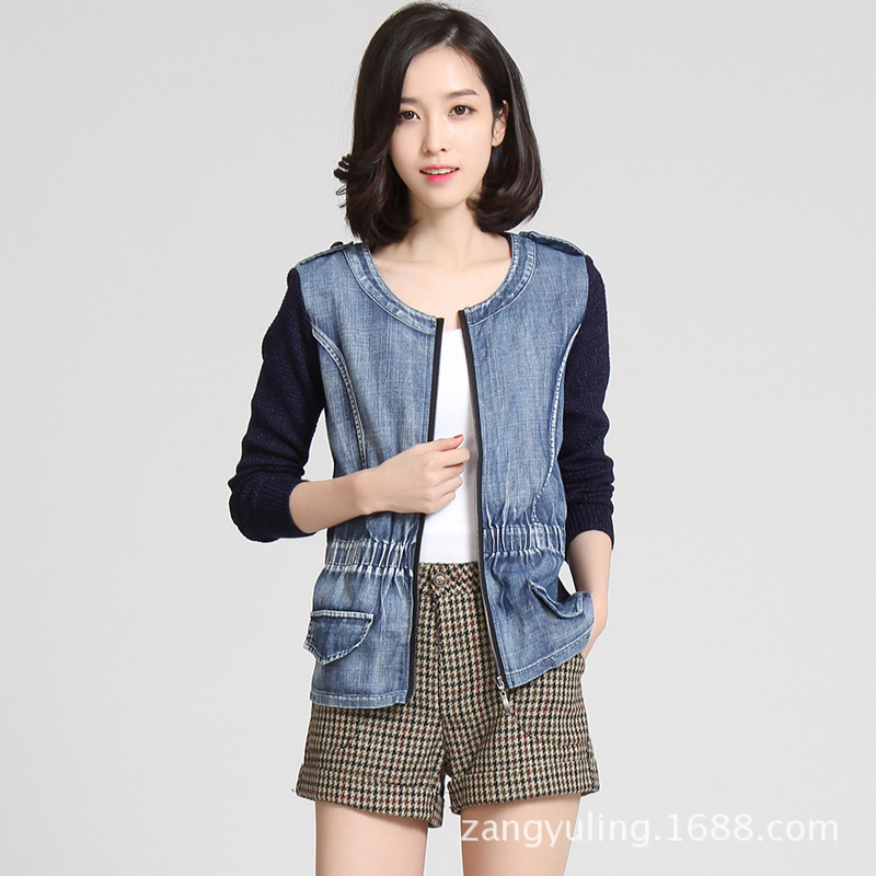2014春装<em>新款女装外套</em>针织衫拼接牛仔短款小