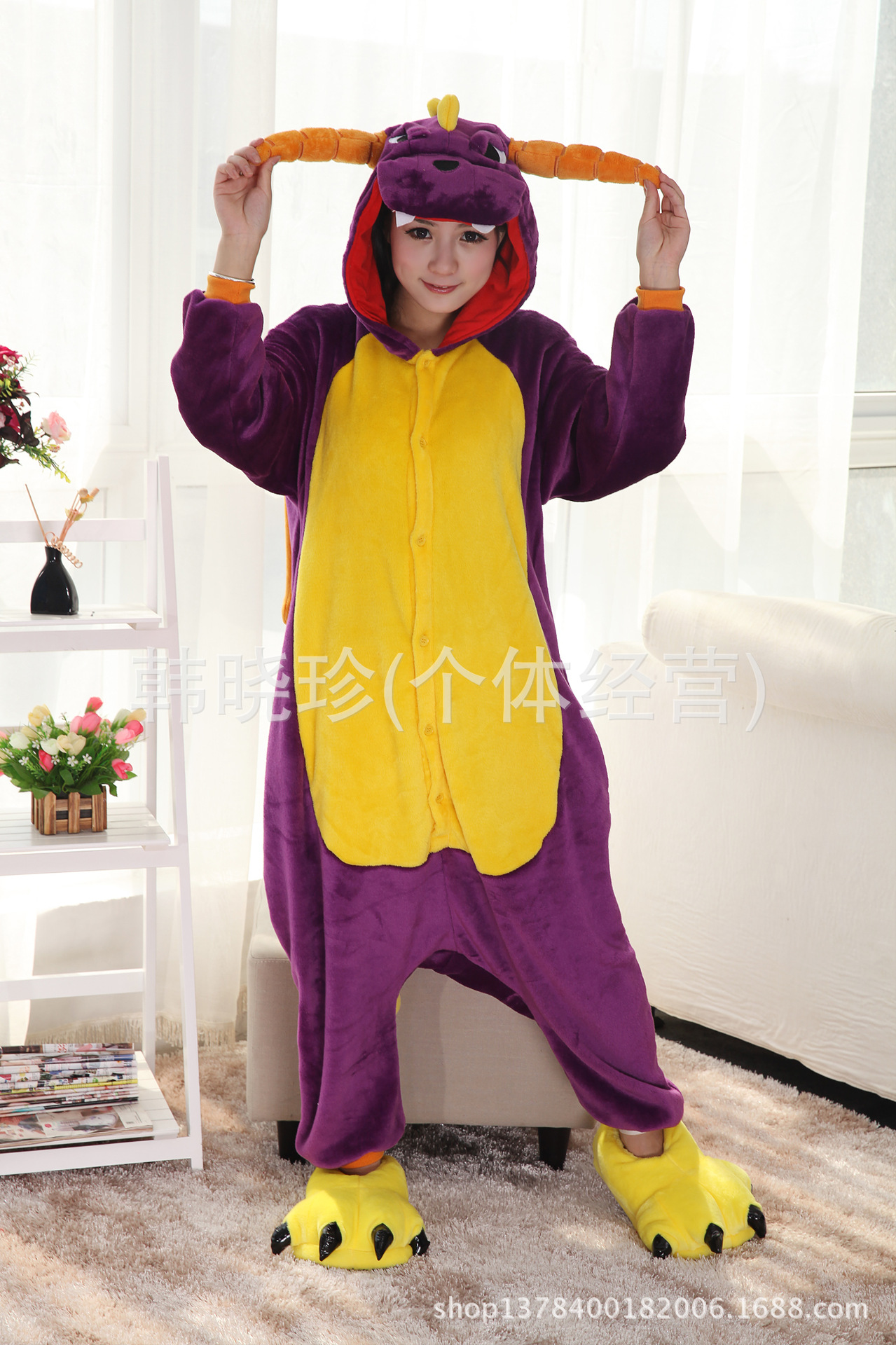 法兰绒 卡通<em>连体睡衣</em>如厕版<em>紫龙</em>紫色恐龙 <em>动物</em>