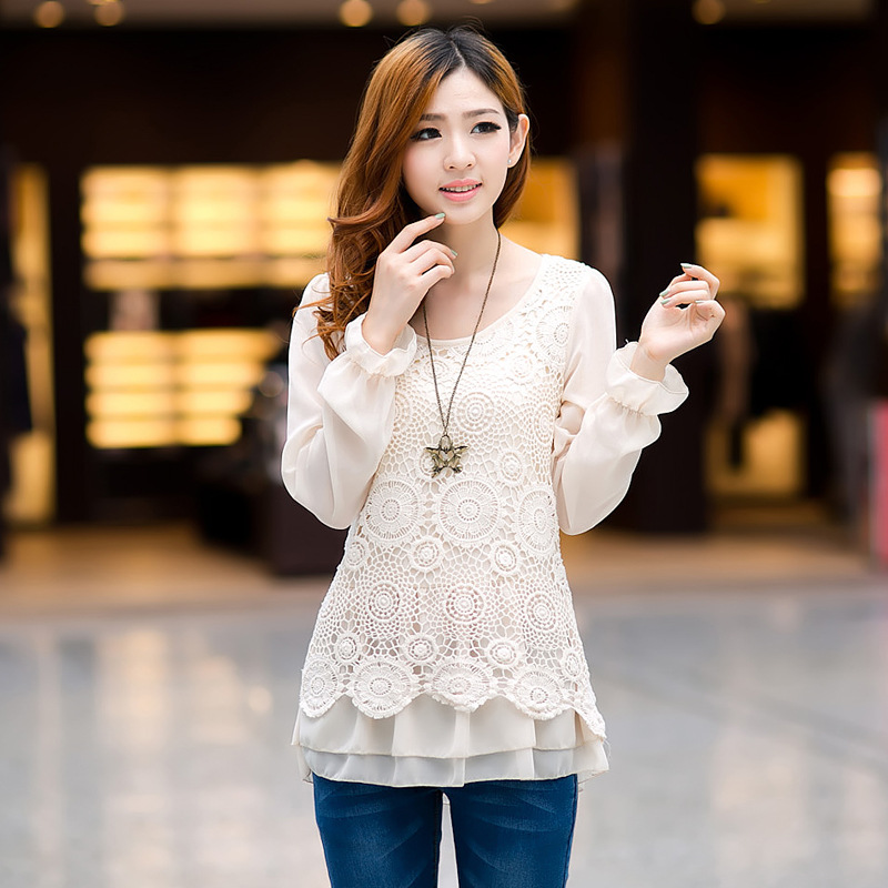 2014年<em>春季</em>新款<em>女装韩版</em>蕾丝<em>上衣</em> 雪纺长袖绣