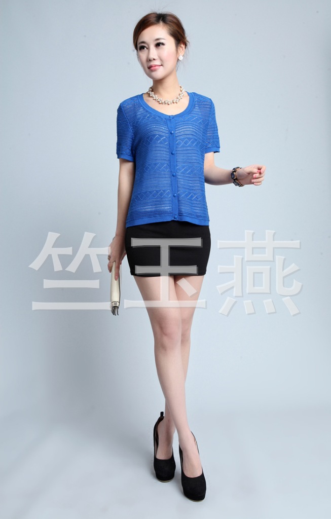 【商场专柜定单优雅<em>圆领</em>真丝镂空<em>开衫短袖针织</em>