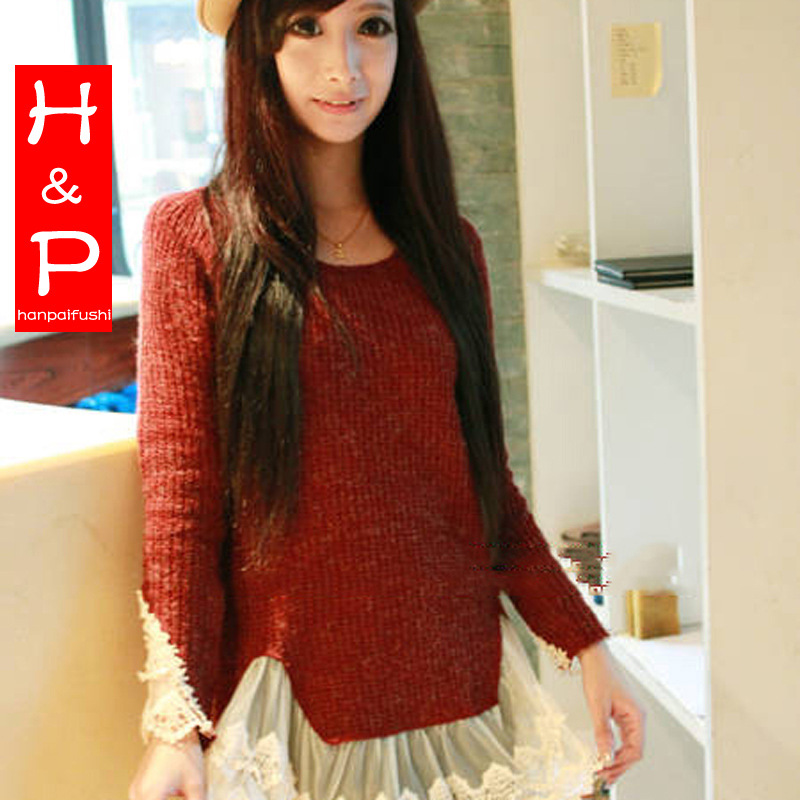 236-B-371厂家直销复古打底衫蕾丝拼接毛衣针