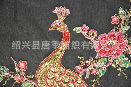 黑色凤凰孔雀,黑色网纱刺绣面料,旗袍/演出服服装面料