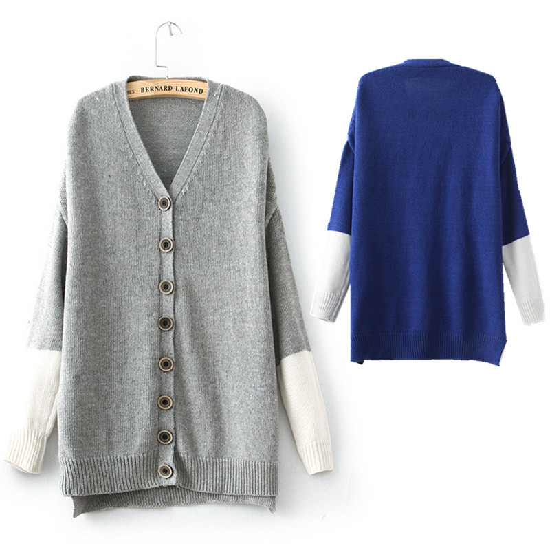 2014秋季新款韩版拼色V领<em>单排多扣针织开衫</em>长