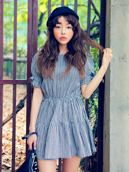 <em>女装</em> 韩国<em>stylenanda</em>夏季新款田园学院格子袖子