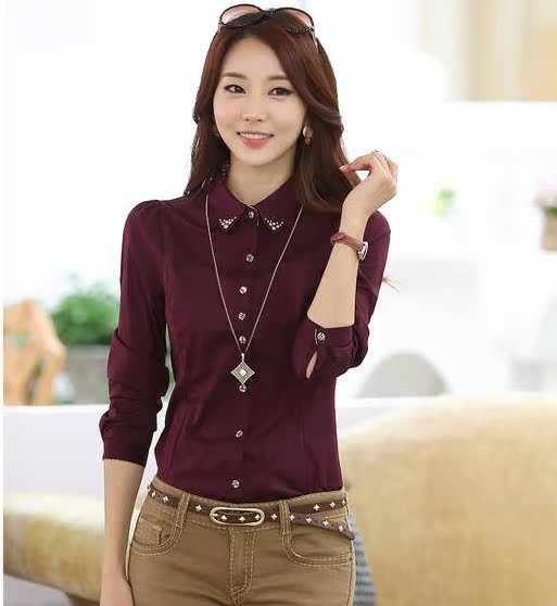 2014<em>春季女装新款衬衫</em> 韩版职业装修身翻领长