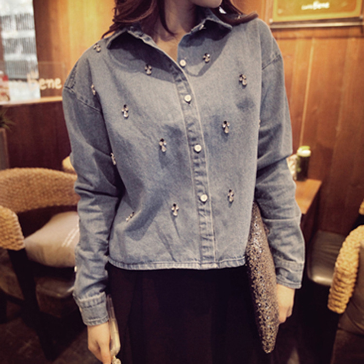2014<em>春季</em>新款<em>女装牛仔</em>外套 韩版短款牛仔衬衫