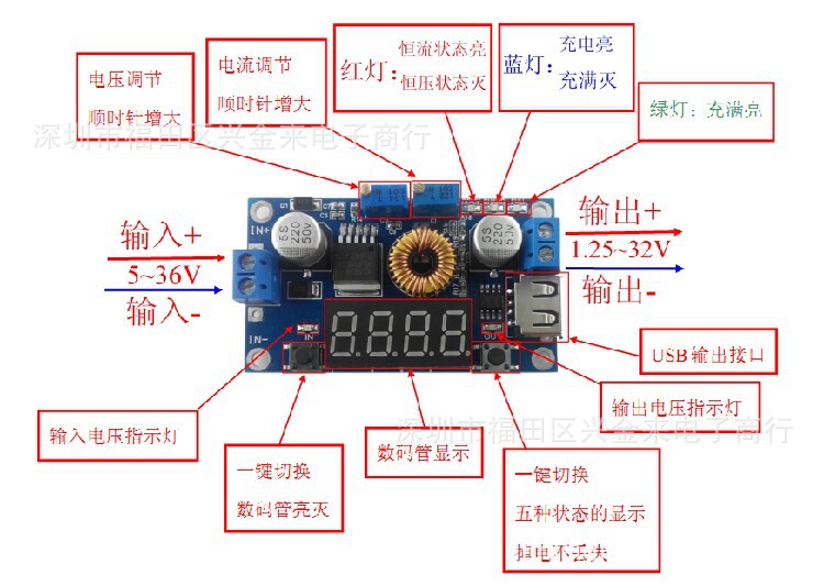 5a恒压恒流降压电源模块 led驱动锂电池充电 带电压电流功率显示