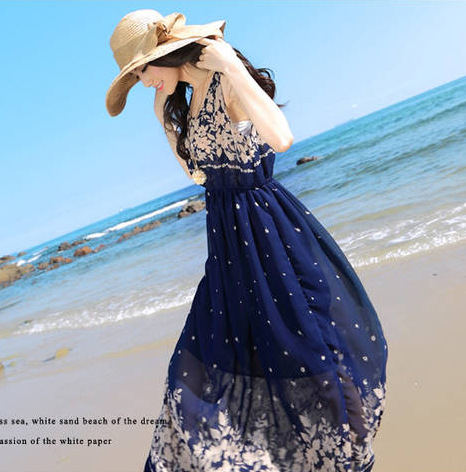 2014沙滩裙波西米亚雪纺长款海边碎花裙子夏