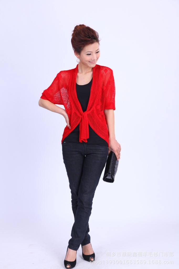 批发采购<em>女式</em>针织衫-中袖<em>圆摆</em>针织<em>开衫</em>镂空批