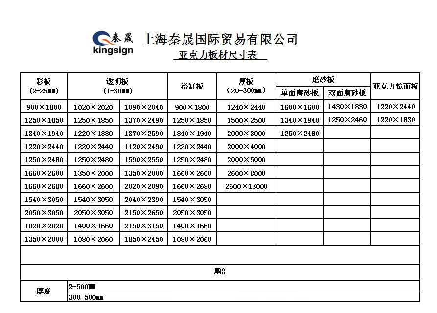 亚克力板材规格表  