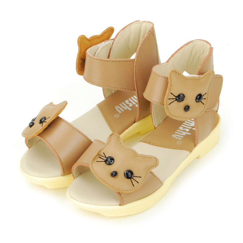 2014新款卡通可爱猫头真皮女童凉鞋批发26-31码
