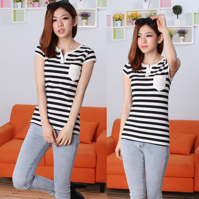 2014新款女装初夏 <em>韩版</em>潮女修身贴标条纹<em>女T</em>