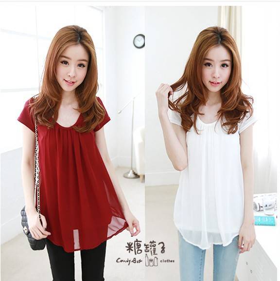 2014<em>夏装</em>新款 <em>韩版女</em>打底衫 雪纺圆领修身短袖