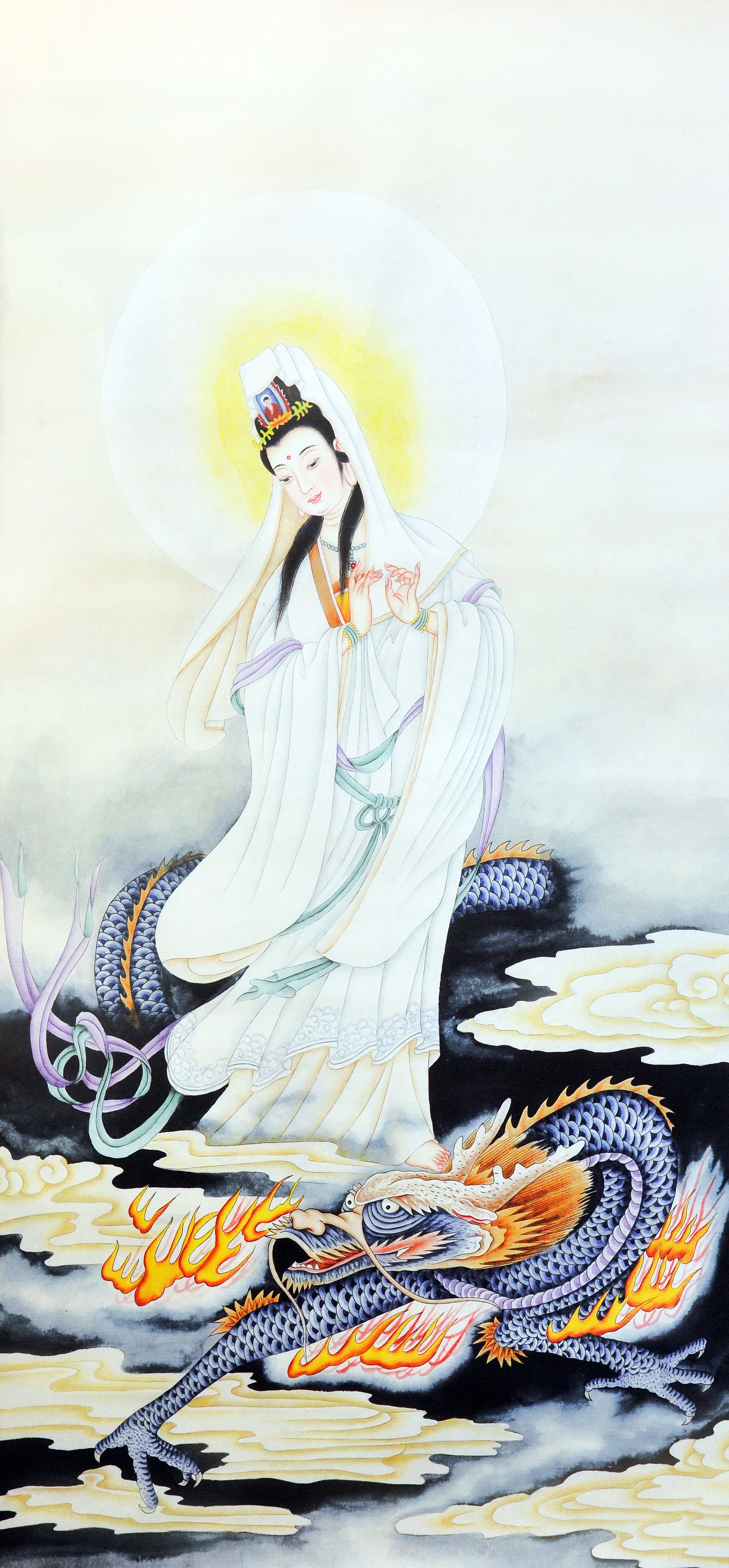 观音菩萨送子观音佛像工笔中国画高级精品骑龙风景装饰画高仿微喷