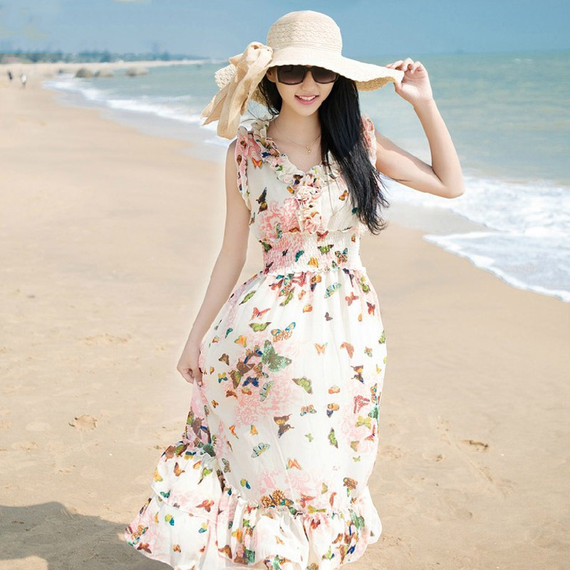 LL2014<em>波西米亚沙滩</em>裙雪纺连衣裙 碎花吊带假