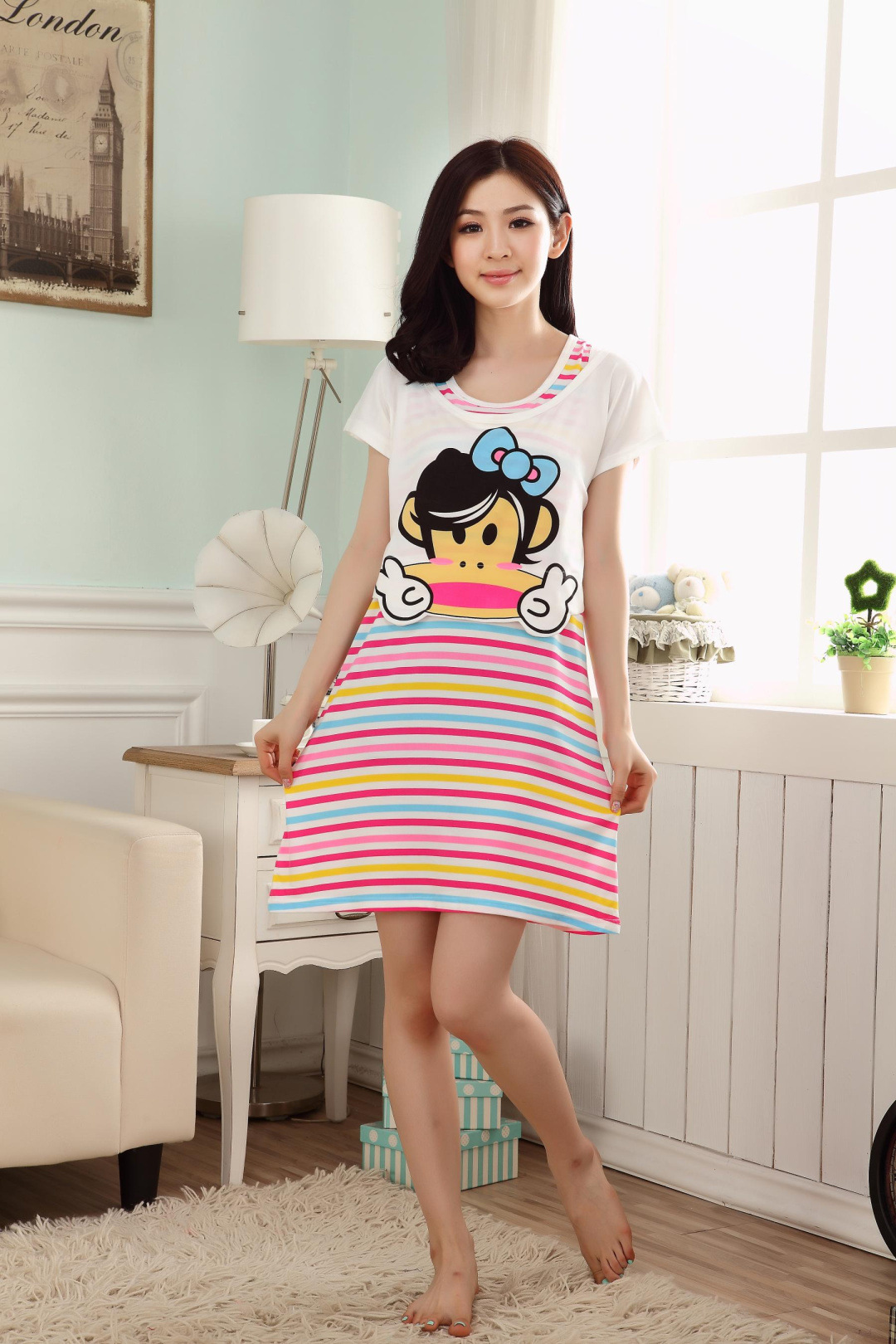 睡裙-新款夏季<em>睡衣少女可爱</em>卡通纯棉莫代尔裙