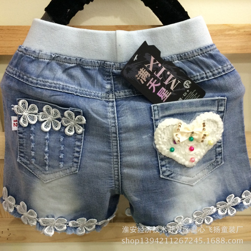 <em>女童</em>牛仔<em>短裤</em> 儿童<em>毛线</em>爱心蕾丝花边镶钻牛仔