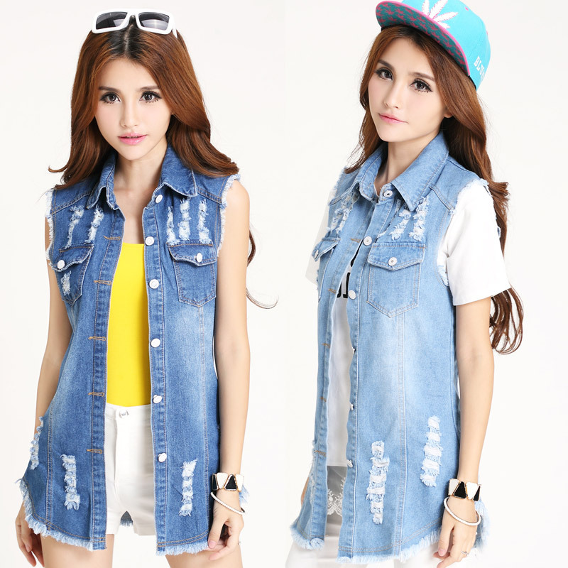 厂家直销 韩版中<em>长款牛仔马甲</em>百搭牛仔马甲<em>女</em>