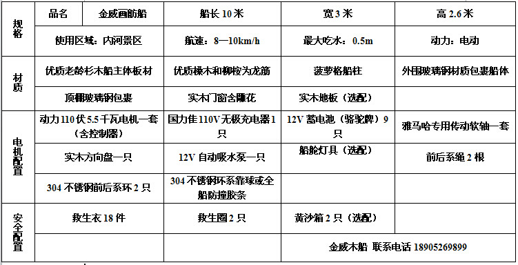 10米750宽画舫配置表