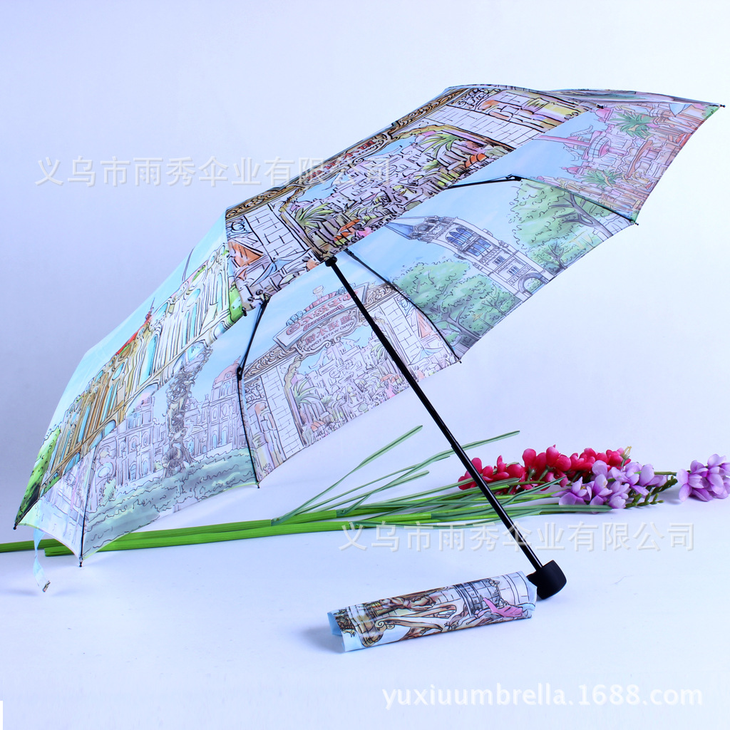 雨秀 三折印花伞 热转印伞 雨伞现货批发