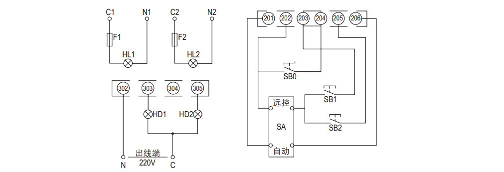 hd1:常用电源投入指示 hd2:备用电源投入指示 sa:功能转换开关 sb0