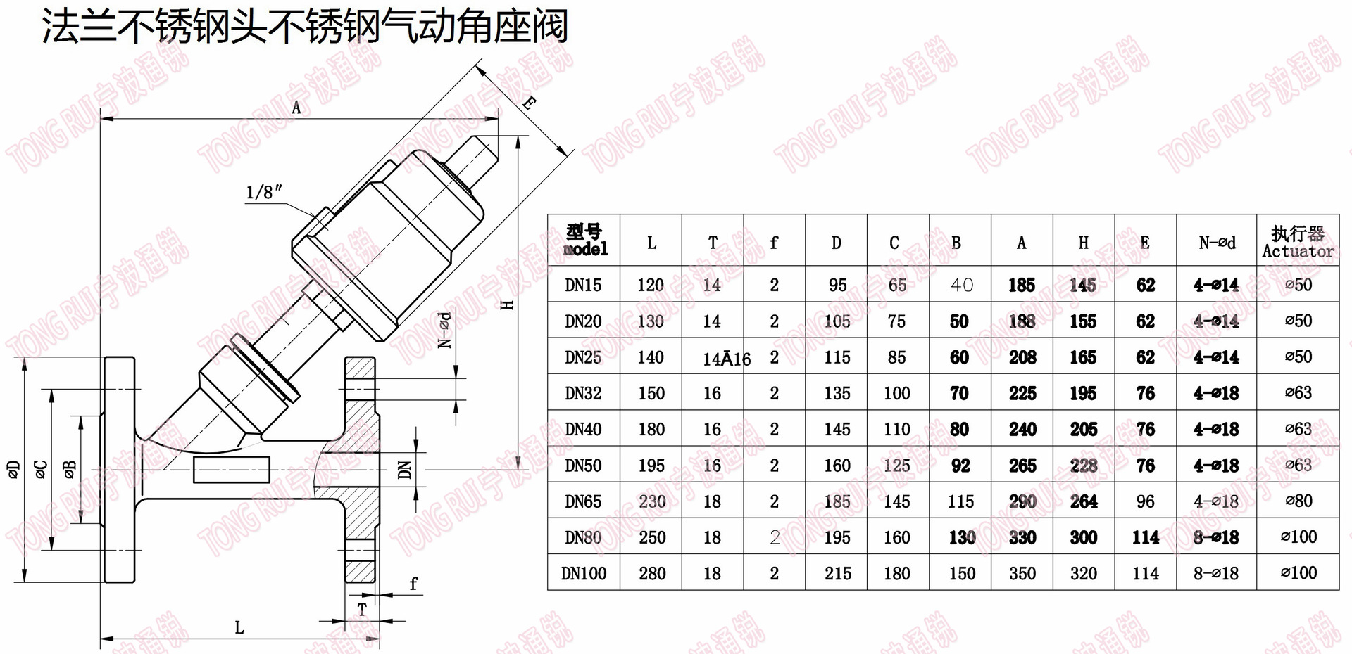 法蘭不銹鋼頭氣動角座閥外形尺寸圖