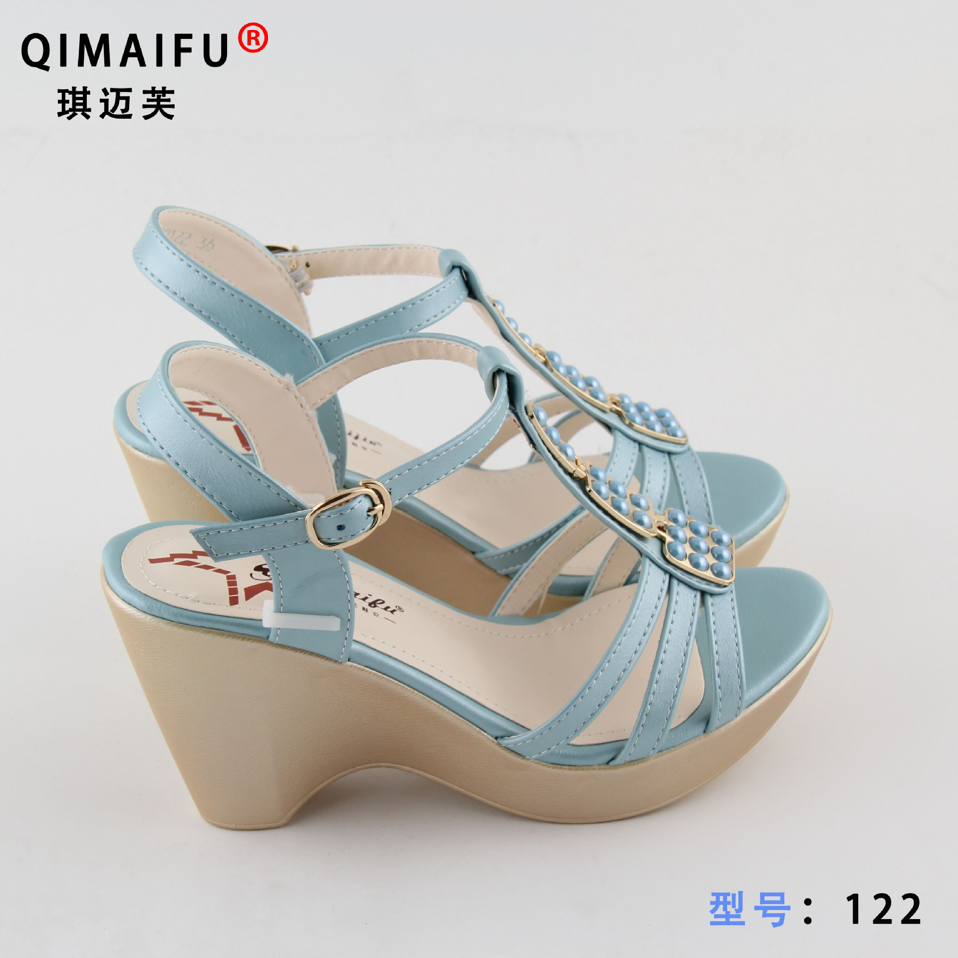 琪迈芙2015夏季122#女凉鞋坡跟水钻搭扣女鞋青山厂家直批一件代发