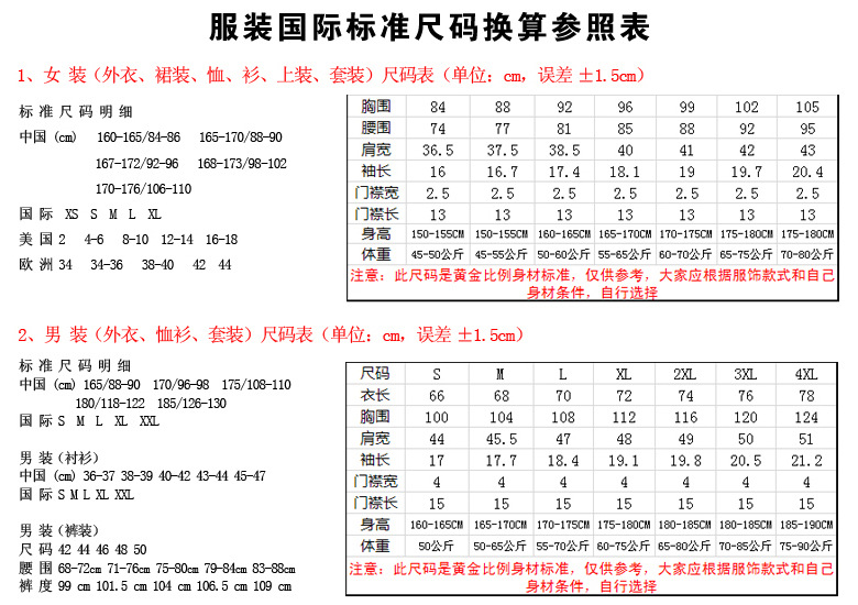 新標準尺碼表