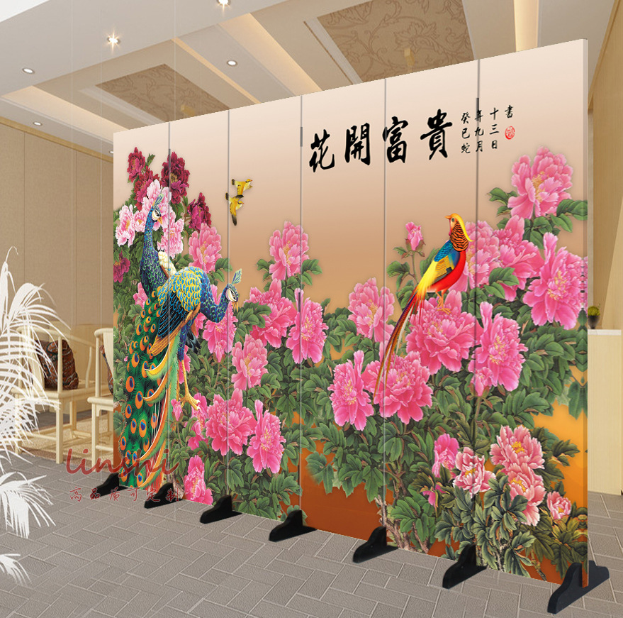新品时尚布艺玄关隔断 折叠宜家中式风水屏风 工笔花开富贵