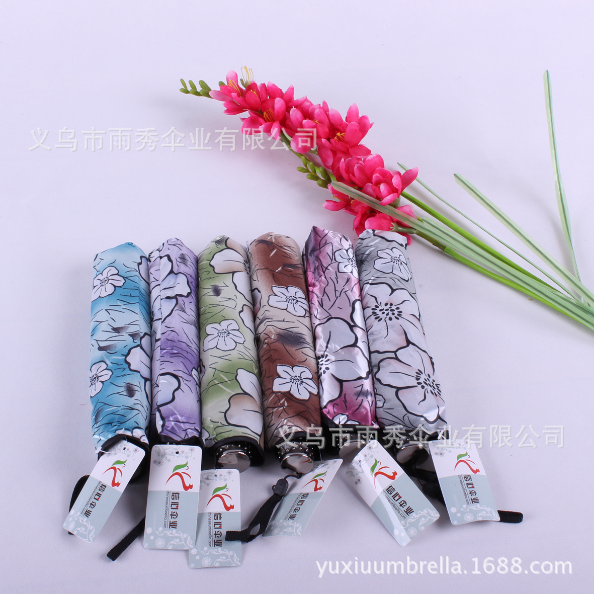 雨秀 三折牡丹花黑胶防晒伞 外贸雨伞