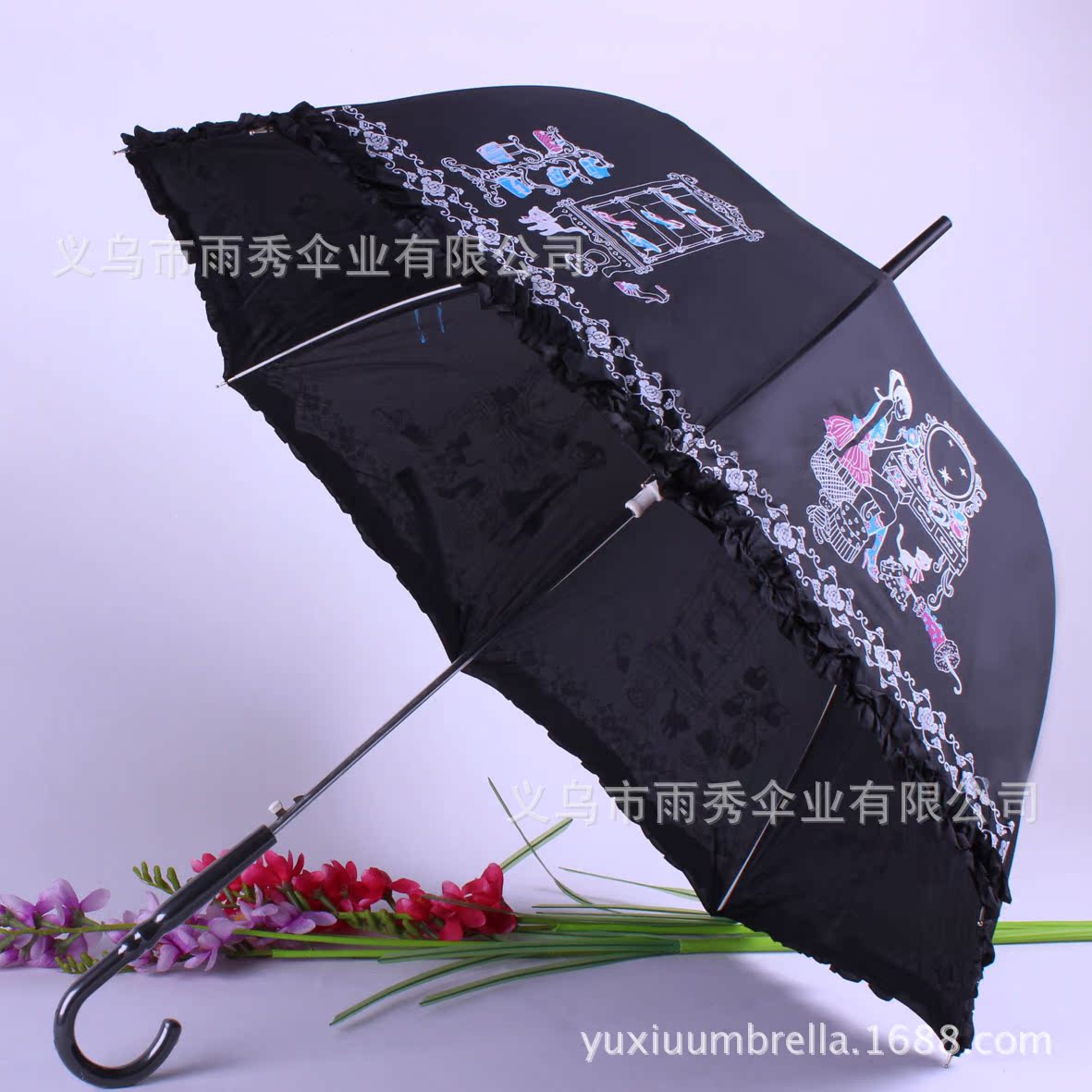 雨秀 阿波罗伞 直杆伞 纤维伞架带裙边弯手柄 外贸